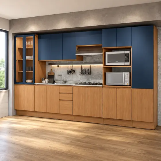 Cozinha Modulada Azul e Amadeirada