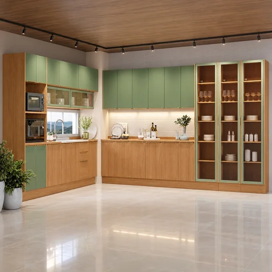 Cozinha Modulada Verde e Amadeirada